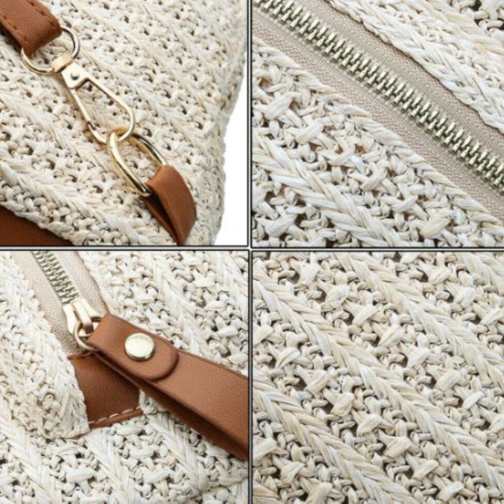 Boho Woven Straw Mini Backpack – Neutral Crochet w/ Brown Faux Leather - Picture 5 of 6